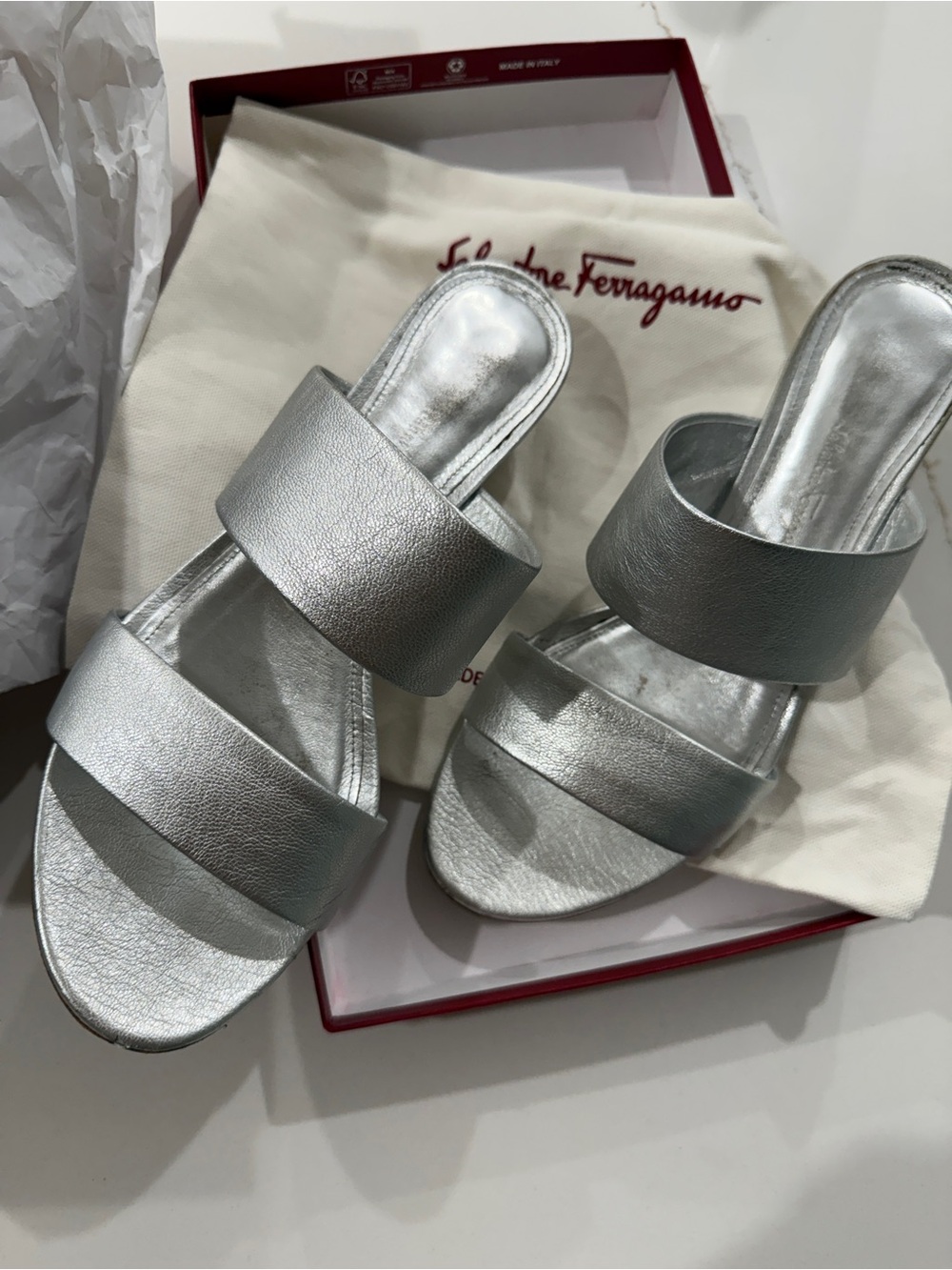 Salvatore Ferragamo Belluno Silver Leather Sandals